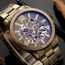 SHENHUA männer Automatische Armbanduhr Vintage Kupfer Skeleton Mechanische Männliche Uhr Retro Bronze Zifferblatt Leucht Relogio Masculino