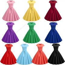 Frauen Sommer Vintage Kleid Mit Gürtel Kurzarm V-ausschnitt Elegante Retro Swing Party Kleider