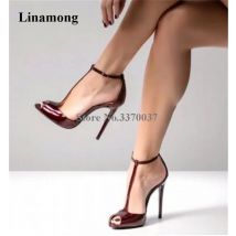Frühling Neue Mode Frauen Peep Toe Patent Leder Stiletto Pumps Weinrot Ankle Strap High Heels