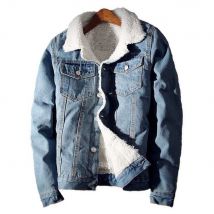 Männer Winter Warm Berber Fleece Denim Jacke Slim Fit Verdicken Mantel Oberbekleidung Schwarz Blau