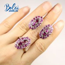 Bolaijewelry, 925 sterling silber mode natürliche rhodolith ring und ohrring set, für jahrestag, party tragen feinen schmuck