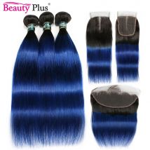 Blau Bundles Mit Closure Ombre Gerade 3 Bundles Mit Spitze Frontal Ohr Zu Ohr Dark Schwarz Wurzeln