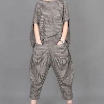 2025, Sommer, neue Damenanzüge, RETRO-Kunst, Streifen, kurzärmeliges T-Shirt, lockeres Oberteil, Damen-Knickerbocker, Freizeithosen, zweiteilige Sets
