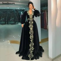 Smileven Schwarz V-ausschnitt, EINE Linie Kaftan Abendkleider Mit Abnehmbaren Puff Hülse Prom Kleid Spitze Formale Partei Kleid