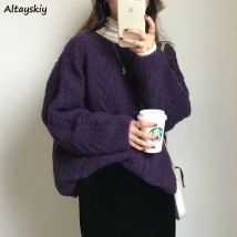 Pullover Frauen Vintage Lila Harajuku Einfache Ulzzang Trendy Damen Strickwaren Langarm Winter Herbst Grundlegende Femme Pullover Chic