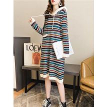 Striped Vintage Soft Loose Waist Knitted Winter 2022 Women's Dress Sweater Hooded Straight Elegant Mid-Calf Dresses For Women