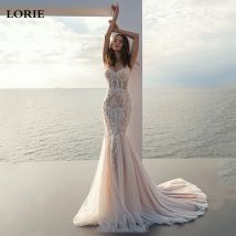 LORIE Champagner Meerjungfrau Hochzeit Kleid 2022 Spaghetti-trägern Applizierte Spitze Brautkleider