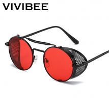 VIVIBEE Steampunk Sonnenbrille für Herren 2026 Trendige Gotische Runde Legierung Rote Metall-Punk-Brille Retro Party Sonnenbrille