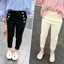 100-150 Cm Spring Autumn Girls Fashion Tight Pant with Buttons Baby Kids Children Trousers
