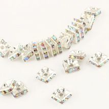 50/100PCS 6mm 8mm AB Silver Color Square Rhinestone Rondelles Crystal Spacer Beads For Jewelry Making DIY Bracelet Necklace