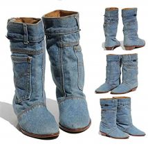 Hotlow Heel Denim Casual Denim Boot Damen Herbst Winter Cowboystiefel