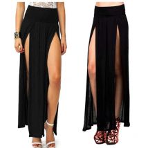 Frauen Hohe Taille Sexy Doppel Schlitz Vorne Offen Stricken Maxi Langen Rock Einfarbig Falten Unregelmäßigen Saum Strand Kleid Bikini cover Up