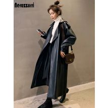 Nerazzurri Spring Black Oversized Long Waterproof Leather Trench Coat for Women 2021 Long Sleeve Loose Korean Fashion Clothing