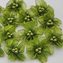 10Pcs 30mm Pick Organza Ribbon Flowers Bows Beads Appliques Wedding Craft DIY Christmas Decoration