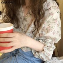 Hemden Frauen Blumen druck V-Ausschnitt Ins Ulzzang Chiffon süße elegante weibliche Tunika Top Sommerferien Streetwear 3xl täglich