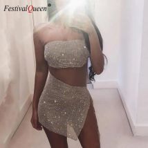 FestivalQueen Strass-Kristall-2-teiliges Set für Damen, Netz-Körperkette, Röhrenoberteil und Minirock, Bandage, rückenfreie Outfits für Damen