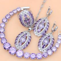 Frauen Silber 925 Schmuck Sets Lila Amethyst Kristall Exquisite Tennis Ohrringe Ringe Mode Halskette Set Dropshipping