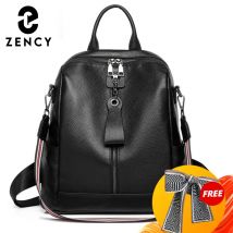 Zency Weicher Rucksack aus echtem Leder, lässig, große Kapazität, Damen-Rucksack, Lederrucksack, Umhängetasche, schwarze Geldbörse, Sac