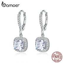 BAMOER Authentische 925 Sterling Silber Dazzling Kubikzircon Quadratische Geometrische Tropfen Ohrringe für Frauen Hochzeit Schmuck SCE520