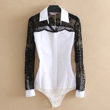 Büro Damen Mode Spitze Patch Weiß Body Baumwolle Bluse Frauen drehen-unten Kragen Aushöhlen Spitze Langarm Körper hemd