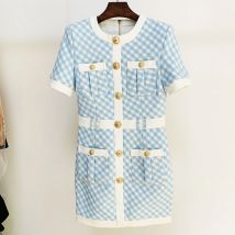 HIGH STREET Newest Fashion 2026 Fall Winter Designer Women's Short Sleeve Lion Buttons Color Block Plaid Tweed Dress