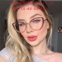 Women Anti Blue Rays Cat Eye Prescription Glasses For The Nearsighted Metal Spring Leg Short-sight Eyewear 0 -0.5 -0.75 To -6.0
