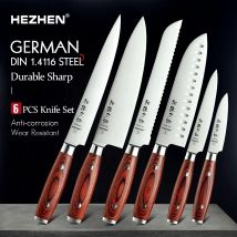 HEZHEN 1-6 pezzi set di coltelli intaglio Chef pane Santoku Utility Paring Pakka manico in legno e rivetto in acciaio inossidabile strumento da cucina