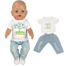 T-Shirt für Neugeborene, Puppen, zerrissene Jeans, Hose, 18-Zoll-Mädchen-Puppenkleidung, weißes Hemd, Jeanshose