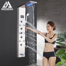 Colonna per doccia da bagno in nichel spazzolato Rubinetti per pannello doccia a LED neri montati a parete Schermo digitale a pioggia Rubinetto miscelatore a 6 modalità