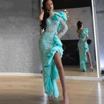 Sky Blue Hohe Slit Luxus Perlen Abendkleid Applique One Sleeve Robe soiree Islamischen Dubai Kaftan Saudi Arabisch Abendkleid
