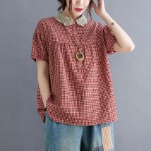 Frauen Baumwolle Leinen Casual Shirts Neue 2021 Sommer Vintage Stil Peter Pan Kragen Plaid Print Lose Weibliche Tops S3791