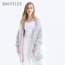 BAHTLEE-Strickjacken für Damen, Pullover mit Tasche, Wolle Angora Mantel, lange Ärmel, V-Ausschnitt,
