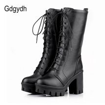 Gdgydh 2022 Heißer Verkauf Frühling Herbst Schnürung Mittlere Waden Stiefel Frauen Mode Weiße Quadratische Absätze Frau Motorrad Boot Plus Größe 34-43