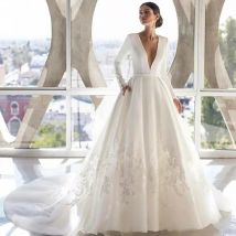 Hohe Qualität Satin Langarm Hochzeit Kleider 2021 Spitze Ballkleid Braut Kleid Romantische Tasten V Neck Frauen Courte