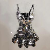 Silber Spiegel Kleid Sexy Bühne Kostüm Frauen Festival Outfit Nachtclub Bar Sängerin Dj Ds Leistung Kleidung Handgemachte DNV13136
