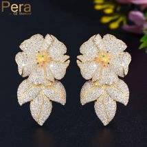 Pera Luxury Dubai Gold Color Large Flower Leaf Drop CZ Zircon Women Banquet Party Long Dangle Earring Statement Ear Jewelry E767
