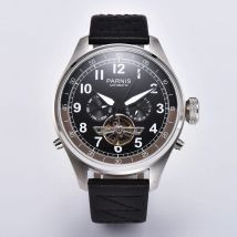 New Arrival Parnis 48mm Men Watch Automatic Mechanical Black Strap Calendar Week Display Skeleton Tourbillon Mens Watches 2025