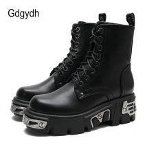 Gdgydh Darkness Punk Style Plateau Damen Stiefeletten Blockabsatz Schwarz Metall Dekor Damen