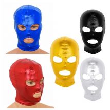 Unisex Shiny Metallic Latex Mask Hood Women Men Cosplay Halloween Party Full Face Cover Open Eyes and Mouth Restraints Headgear