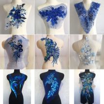 Blaue Blumen-Stoffspitze mit Pailletten-Applikationen für Ballkleider, Hochzeitskleider, Kostüme und DIY-Partys