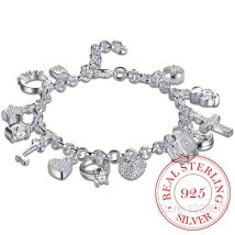 925 sterling silber 13 charms Cross Lock Schlüssel Herz Stern Mond Blume Zirkon armband armreif frauen edlen schmuck Zubehör