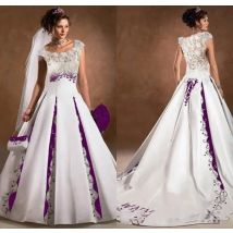 Lila Und Weiß Hochzeit Kleid EINE Linie Satin Spitze Stickerei Gericht Zug 2021 Luxus Capped Ärmeln Scoop Braut Hochzeit Kleider
