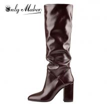 Onlymaker Stivali da donna con punta tonda increspata a metà polpaccio marrone con tacco grosso Stivali da cowboy popolari di grandi dimensioni US15 EU46