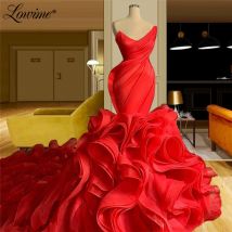 Rot Prom Kleider Lange Zug Tiered Organza Party Kleid Saudi-arabien Dubai Türkische Marokkanischen Plus Größe Nach Maß Abendkleider