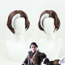 FF14 Hades Perücke Final Fantasy XIV Emet-Selch Cosplay Boss Braun Kurzes lockiges Kunsthaar Hitzebeständiges Halloween-Rollenspiel