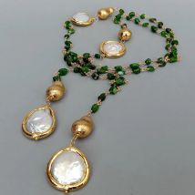 YYGEM Natural Green Diopside small nugget Cultured White Coin Pearl Long sweater chain Necklace 41"