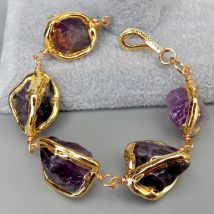 YYGEM Natürliche Lila Amethyst Raue Nugget Mit Galvani Rand Wrap Armband 8"
