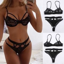 Sexy Hollow Out Bra Underwear Women Lace Tied Up Nightwear Push Up Bra Hollow Thong Sexy Linerie Set Three Point Bralette Bikini