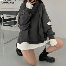 Frauen mit Hut Hoodies Trendy Aushöhlen Asymmetrische Sweatshirts Gefälschte 2 Stück Kordelzug Pullover Lose Beiläufige Streetwear Chic