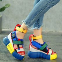 Gladiatoren frauen Kuh Leder Sandalen Plattform Keil High Heels Nylon Strappy Mode Turnschuhe Punk